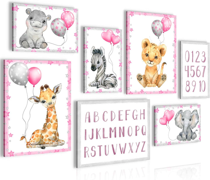 Novart Wandbilder Tiere - KOMPLETT AUFHÄNGFERTIG - Afrika Rosa Kinderzimmer Mädchen- 7 Moderne Mood-