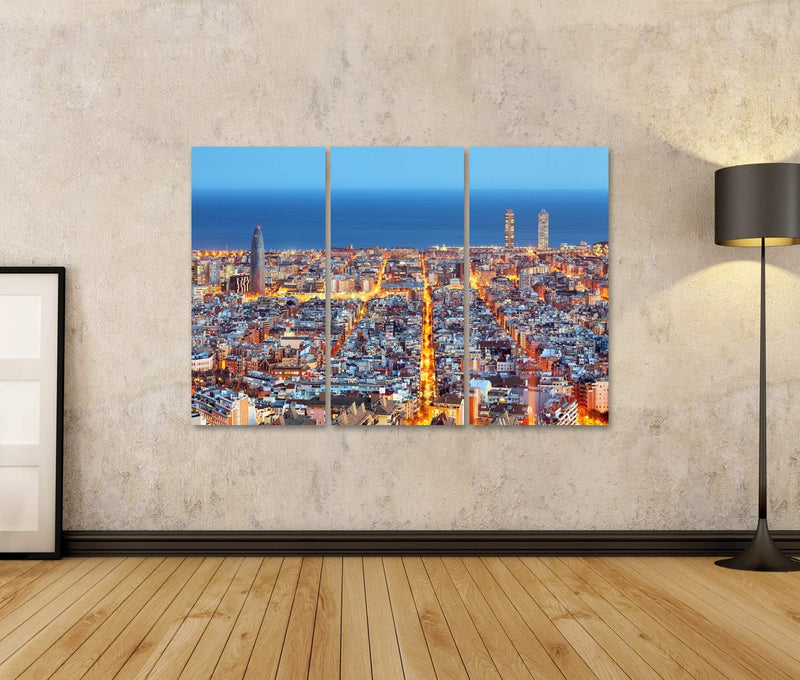 Bild auf Leinwand Barcelona Skyline Luftaufnahme Nacht Spanien Wandbild Poster Kunstdruck Bilder For