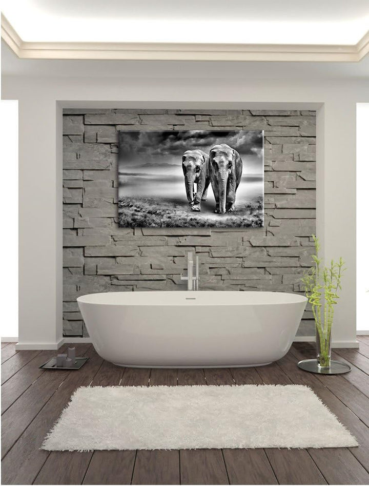 Pixxprint Elefanten in Steppe als Leinwandbild/Grösse: 100x70 / Wandbild/Kunstdruck/fertig bespannt,