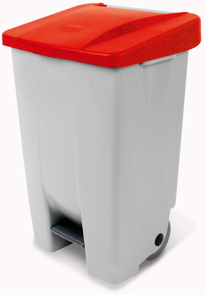 Tretabfalleimer mit Rollen, Inhalt 80 Liter, HxBxT 740x490x420 mm, Korpus grau, Deckel rot