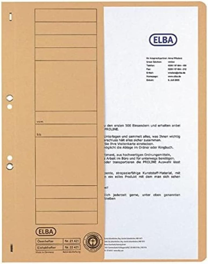 Elba Ösenhefter A4, 1/2 Vorderdeckel, Karton, kfm. Heftung, chamois, 50 Stück chamois halber Vordeck