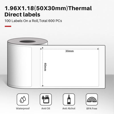 Phomemo 6 Rollen Etikettenpapier für Etikettendrucker, 1.96''*3.14''(50x30mm) Thermodrucker Etikette