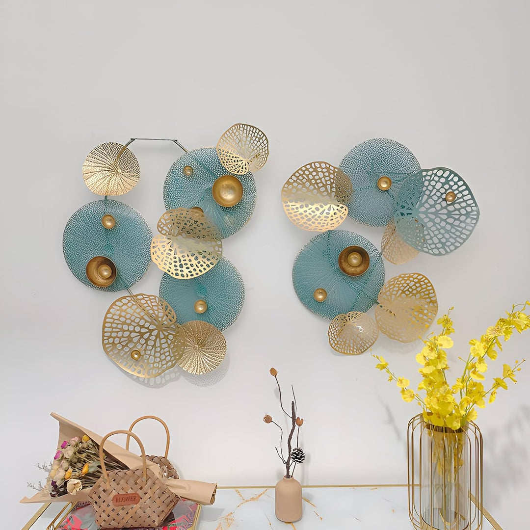 Dekoleidenschaft 3D Wandbild Lotus aus Metall in gold/türkis, 125x60 cm, Wanddeko, Wandschmuck mehrf