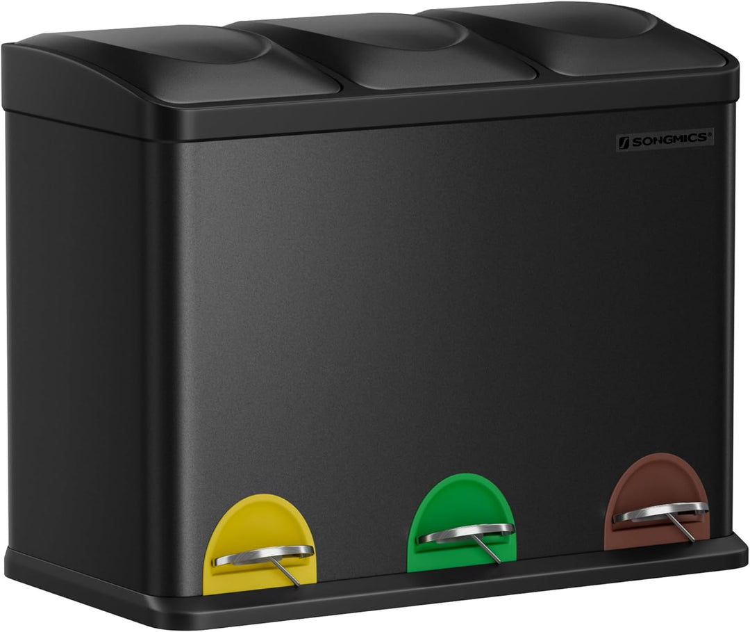 SONGMICS Mülleimer Küche, Mülltrennsystem 3 Fächer, Abfalleimer, 45 Liter Treteimer aus Metall, 3 x