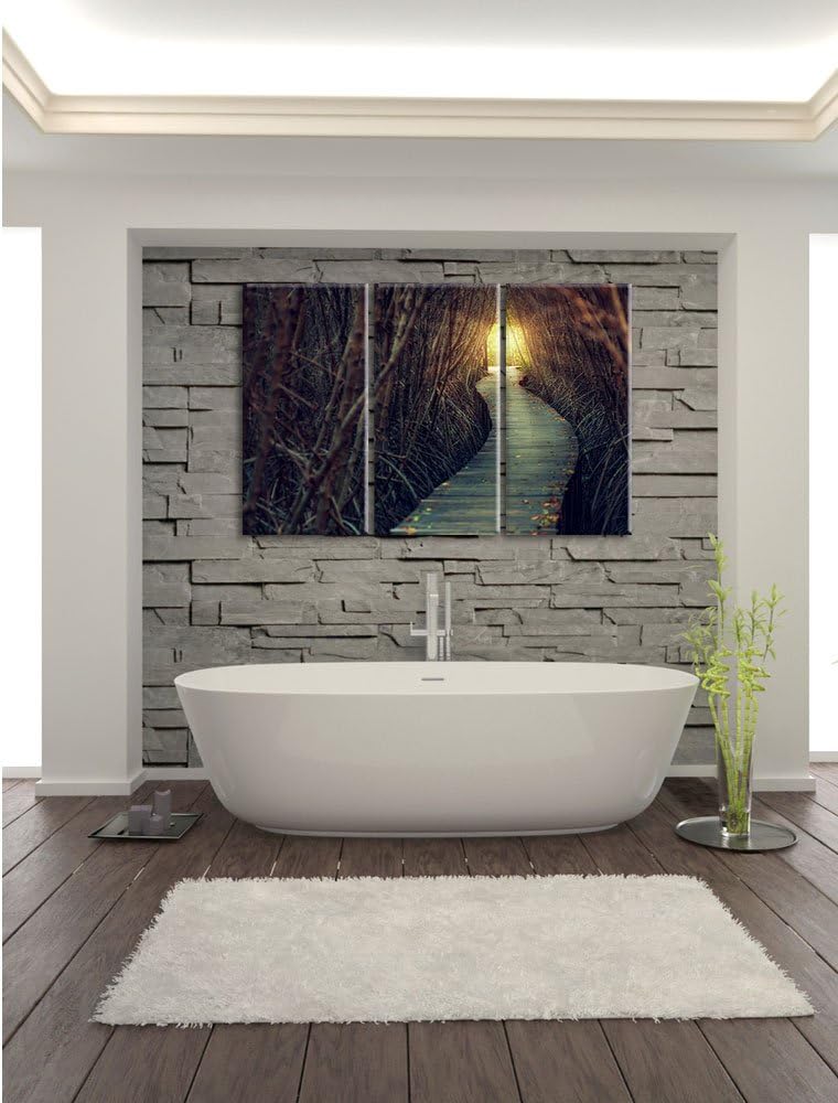 Pixxprint Gehweg im Wald / 3-Teilig/Gesamtmass 120cm Leinwandbild bespannt auf Holzrahmen/Wandbild K