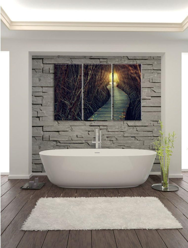Pixxprint Gehweg im Wald / 3-Teilig/Gesamtmass 120cm Leinwandbild bespannt auf Holzrahmen/Wandbild K