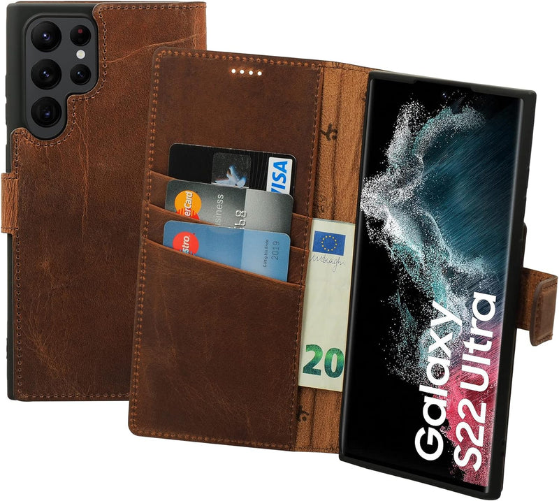 Suncase Book-Style Hülle kompatibel mit Samsung Galaxy S22 Ultra 5G Leder Tasche (Slim-Fit) Lederhül