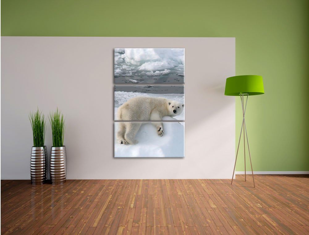 Pixxprint Eisbär auf Eisberg / 3-Teilig/Gesamtmass 120cm Leinwandbild bespannt auf Holzrahmen/Wandbi