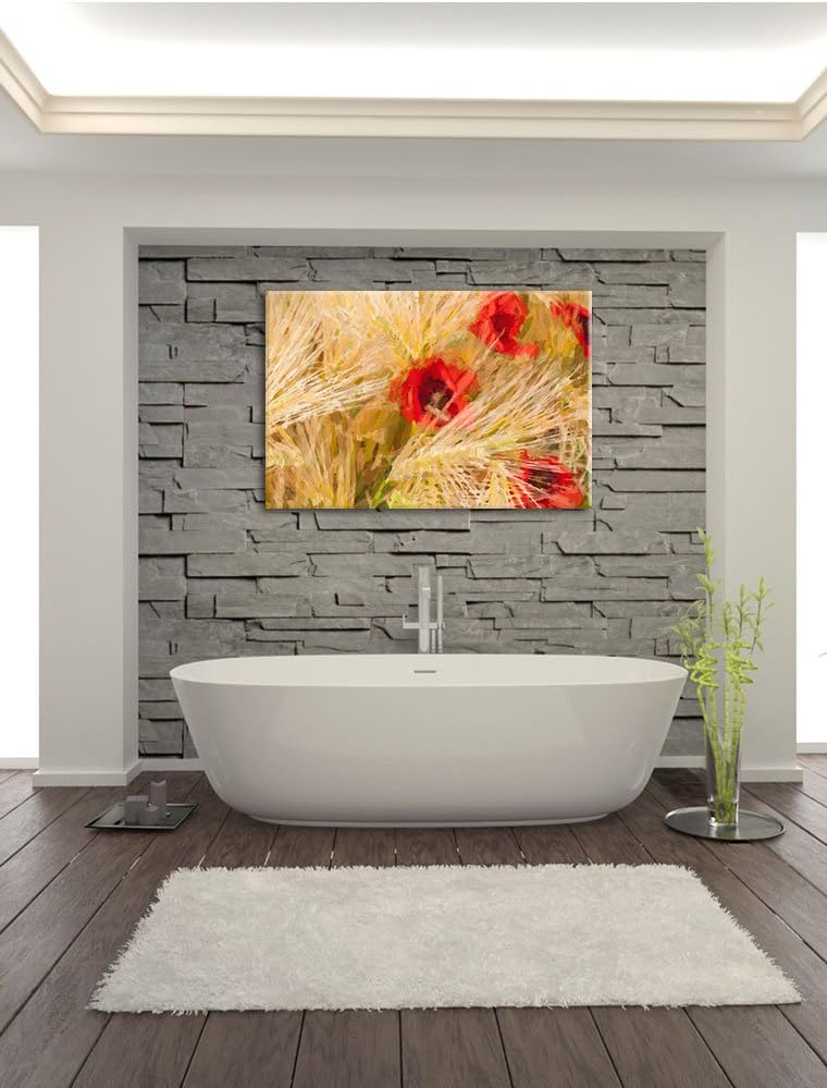 Pixxprint rote Mohnblumen auf dem Mais-Feld Kunst Pinsel Effekt, Format: 100x70 auf Leinwand, XXL ri