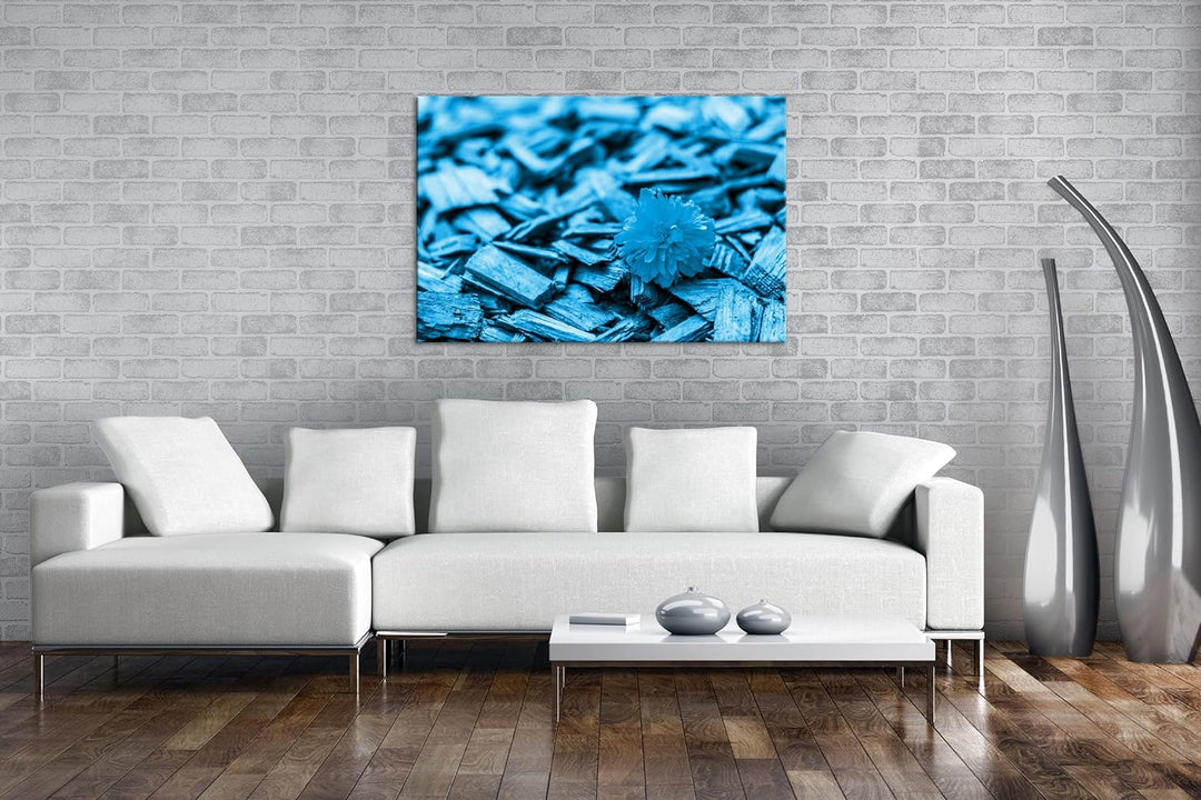 deyoli gelbe Blume auf Holz Format 80x60 Effekt: Monocrome Blau als Leinwandbild, Motiv fertig gerah