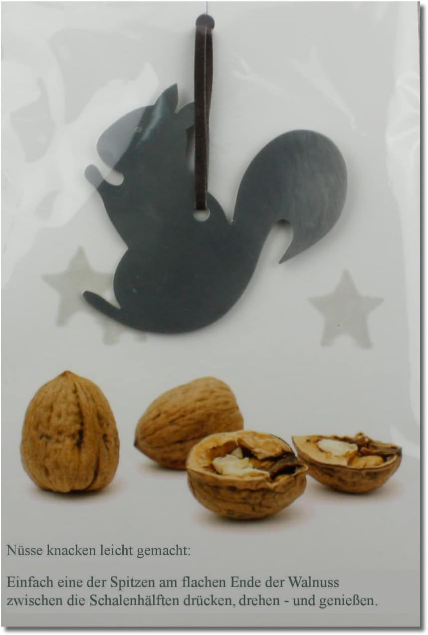 2x Grusskarten mit echtem Edelstahl-Nussknacker Form Eichhörnchen und Lederband inklusive Umschlägen