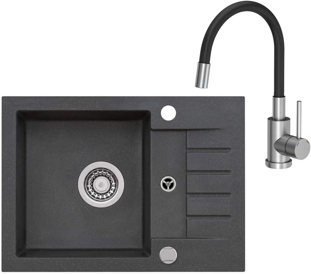 VBChome Spüle Schwarz 58 x 42 cm mit Spültischarmatur Granit Einzelbecken Einbauspüle gesprenkelt fl
