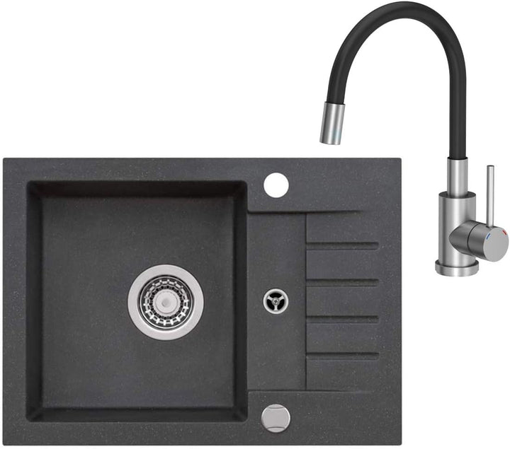 VBChome Spüle Schwarz 58 x 42 cm mit Spültischarmatur Granit Einzelbecken Einbauspüle gesprenkelt fl