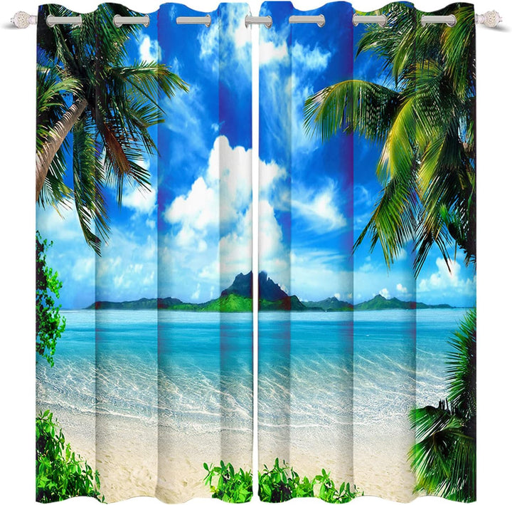 Renaiss 66x160cm Strand Blau Meer Himmel Palme Fenstervorhänge Wärmeisolierter Bedruckter Vorhang So