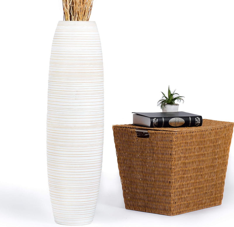 Leewadee Grosse Bodenvase für Dekozweige hohe Standvase Design Holzvase, Holz, 90 cm, White Wash 90