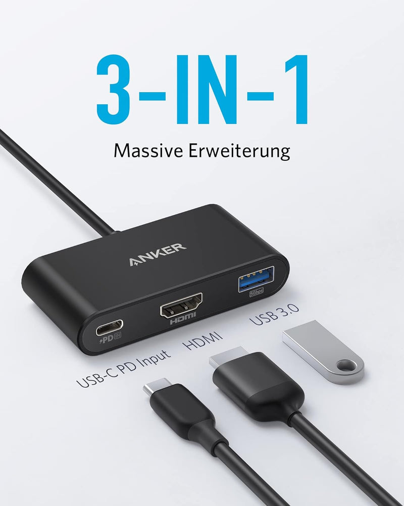 Anker USB C Hub, PowerExpand 3-in-1 USB C Hub mit 4K HDMI, 100W Power Delivery, USB 3.0 Datenschluss