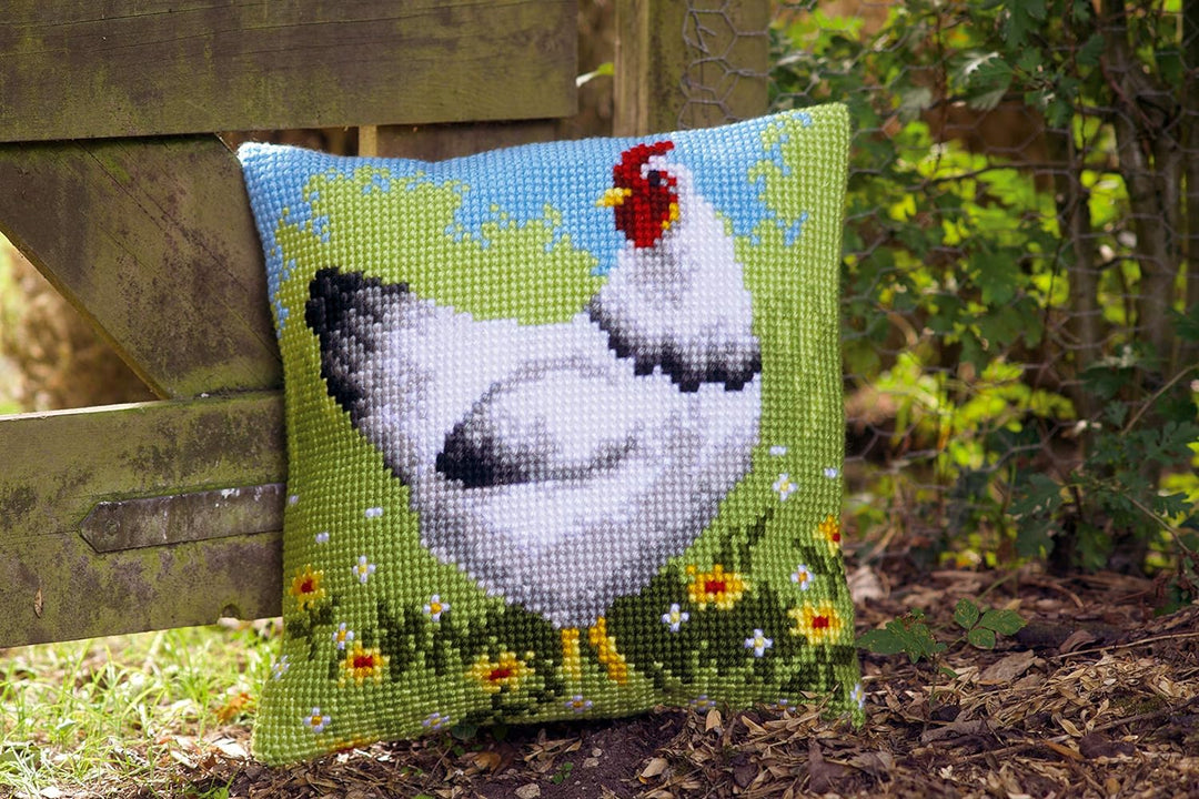 Vervaco PN-0157393 Huhn II Kreuzsichkissen vorbedruckt, Baumwolle, mehrfarbig, 40 x 40 cm