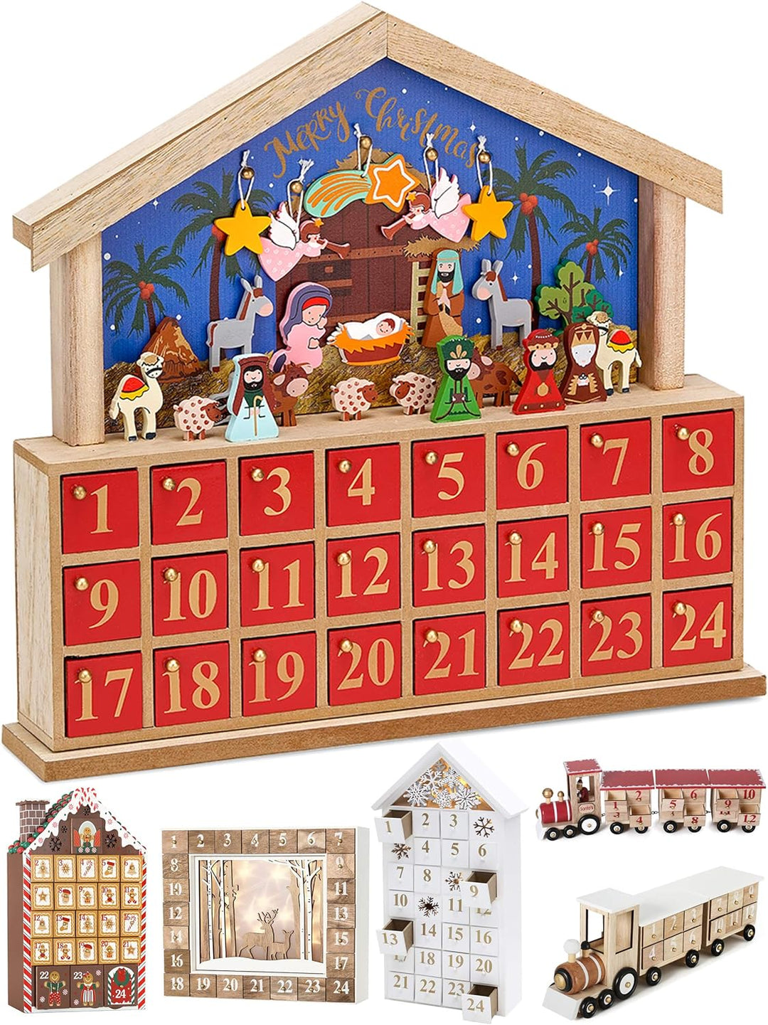 BRUBAKER Adventskalender aus Holz zum Befüllen - Bethlehem mit 24 Türchen - Wiederverwendbarer DIY W