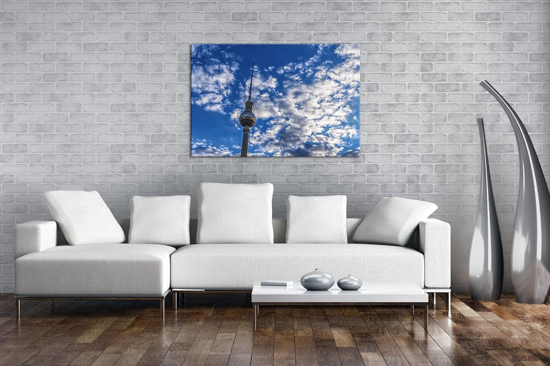 Spitze des Berliner Fernsehturms Format: 80x60 cm als Leinwandbild, Motiv fertig gerahmt auf Echthol