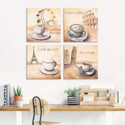 ARTland Glasbilder Wandbild Glas Bild Set 4 teilig je 20x20 cm Quadratisch Kaffee Cafe Coffee Cappuc