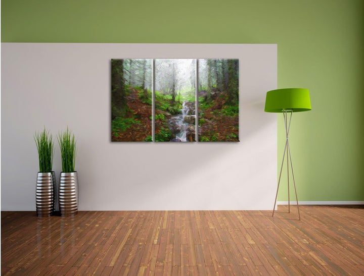Pixxprint Bach im Wald Kunst Pinsel Effekt 3-Teiler Leinwandbild 120x80 Bild auf Leinwand