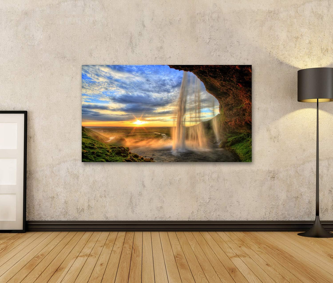 Bild auf Leinwand Seljalandfoss Wasserfall Bei Sonnenuntergang In HDR Island Wandbild Poster Kunstdr