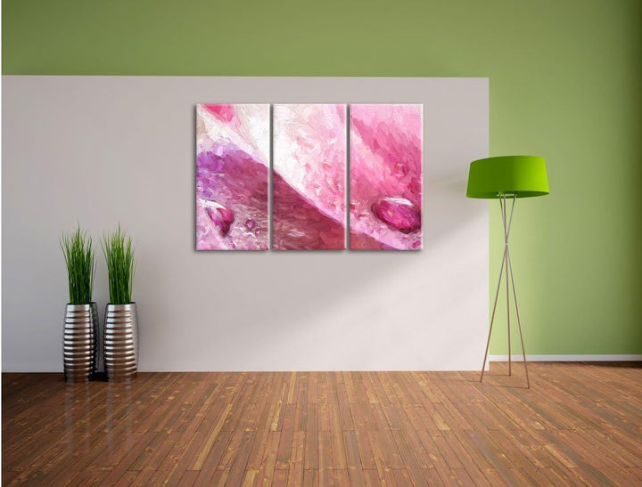 Pixxprint Rosane Tulpenblätter mit Wassertropfen Kunst Pinsel Effekt 3-Teiler Leinwandbild 120x80 Bi