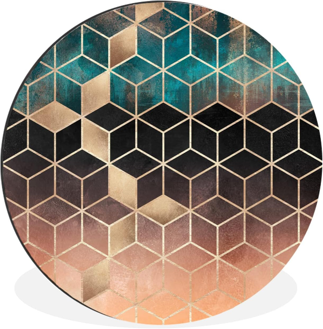 Wandbild Rund Wanddeko Deko Wohnzimmer Bilder 90x90 cm Abstrakt - Würfel - Gold - Muster - Luxus, 90