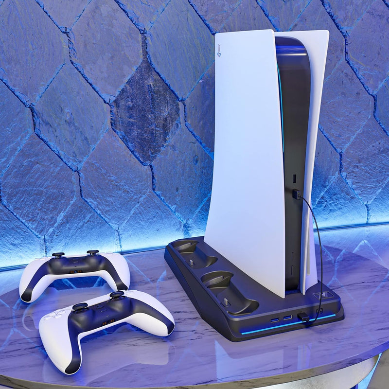 Q-View PlayStation 5 Vertical Stand 4-in-1 Dock Controller Ladelüfter und Spieltablett für PS5 Konso