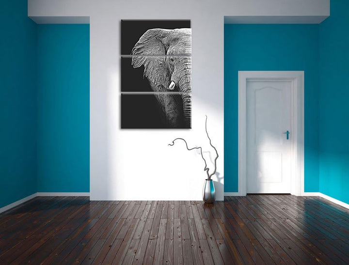 Dark Elefant Porträt Spezial 3-Teiler Leinwandbild 120x80 Bild auf Leinwand, XXL riesige Bilder fert