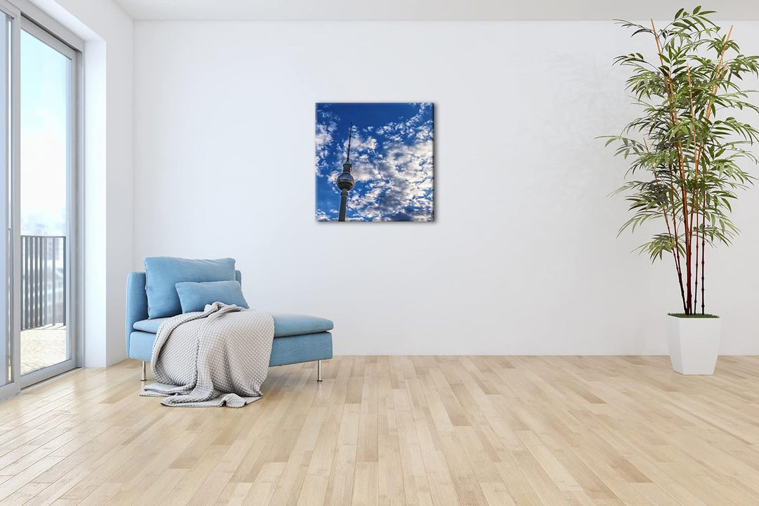 Spitze des Berliner Fernsehturms Format: 70x70 cm als Leinwandbild, Motiv fertig gerahmt auf Echthol