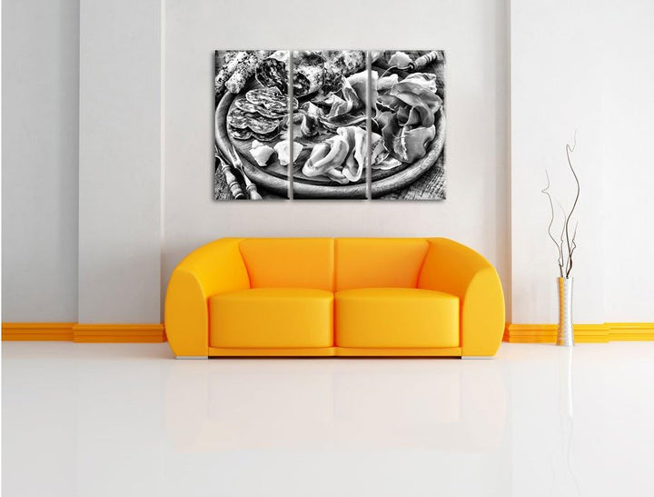 Pixxprint Brotzeit mit Wurst als Leinwandbild | Grösse: 3 Teilig (120x80) | Wandbild| Kunstdruck | f