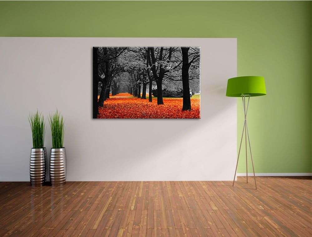 schöner Waldweg im Herbst schwarz/weiss Format: 100x70 auf Leinwand, XXL riesige Bilder fertig gerah