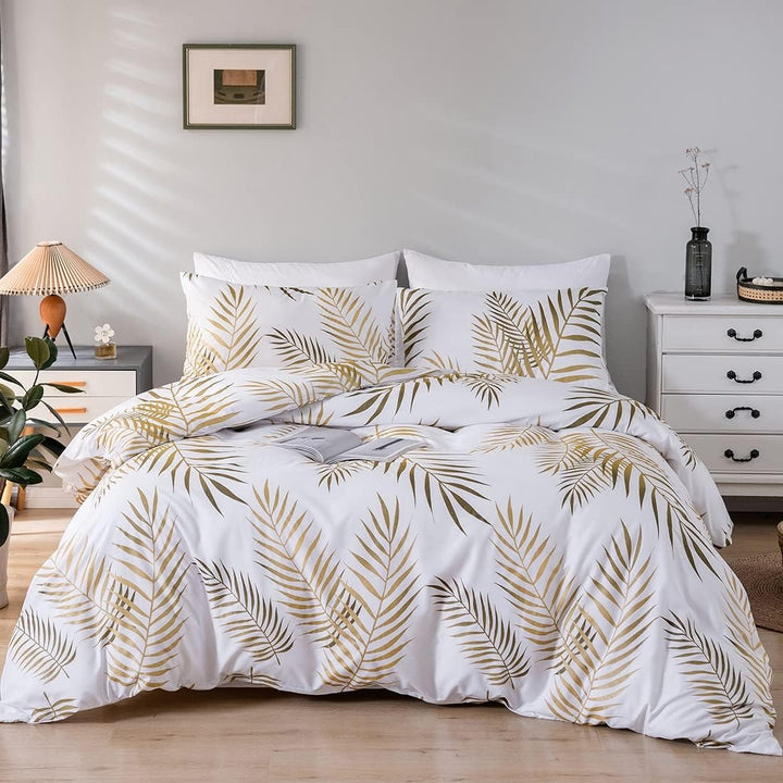 Damier Bettwäsche 200x220cm Gold Weiss Blätter Muster Bettbezug Set 3 Teilig Weiche Microfaser Bettd