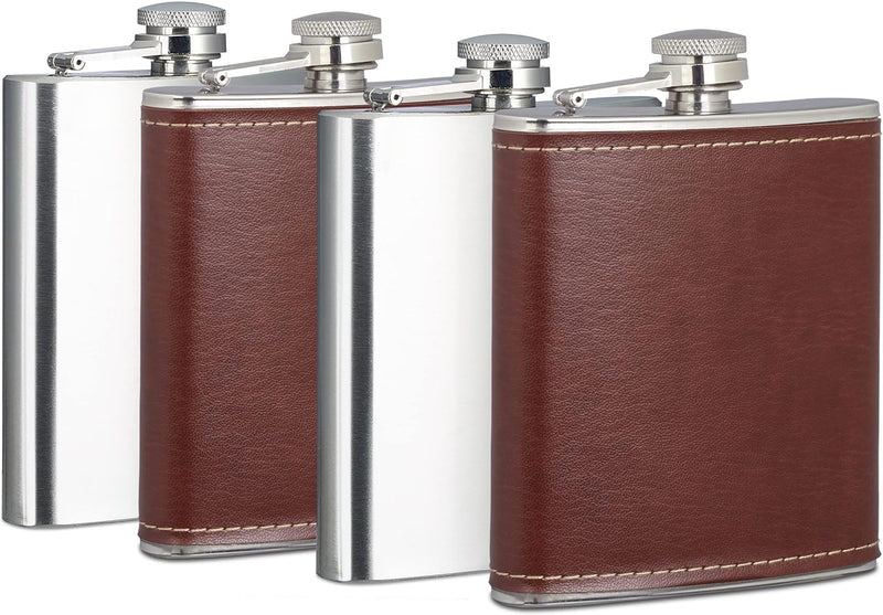 4x Flachmann 200 ml, 2 Taschenflaschen mit Kunstleder Hülle, 2 kleine Flachmänner aus Edelstahl, für