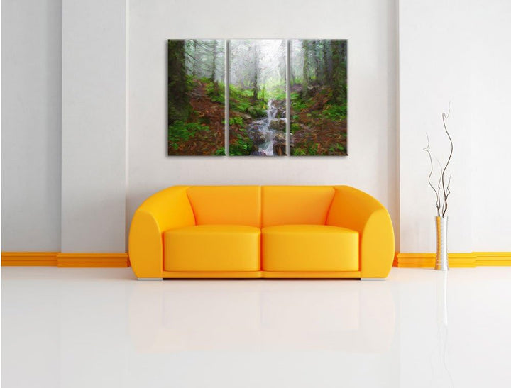 Pixxprint Bach im Wald Kunst Pinsel Effekt 3-Teiler Leinwandbild 120x80 Bild auf Leinwand