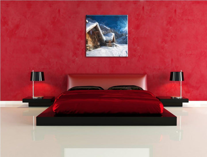 Pixxprint Verschneite Hütten in winterlicher Alpenlandschaft, Format: 70x70 auf Leinwand, 70x70