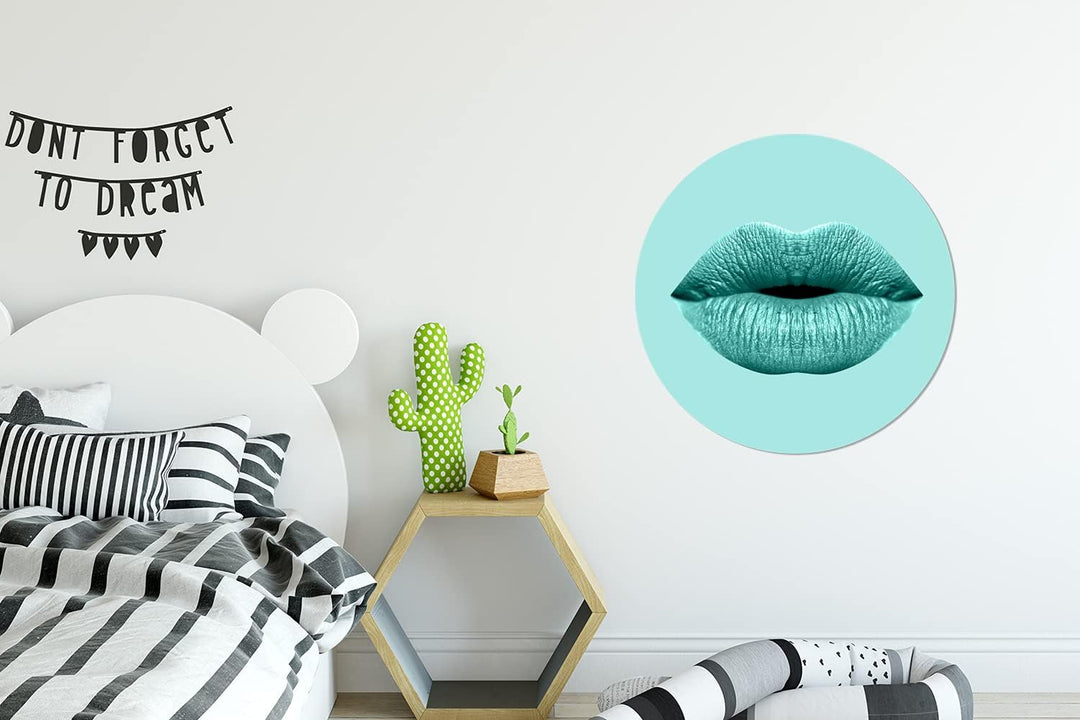 MuchoWow Wandbild Rund Wanddeko Deko Wohnzimmer Bilder 60x60 cm Lippen - Pastell - Blau, 60x60 cm