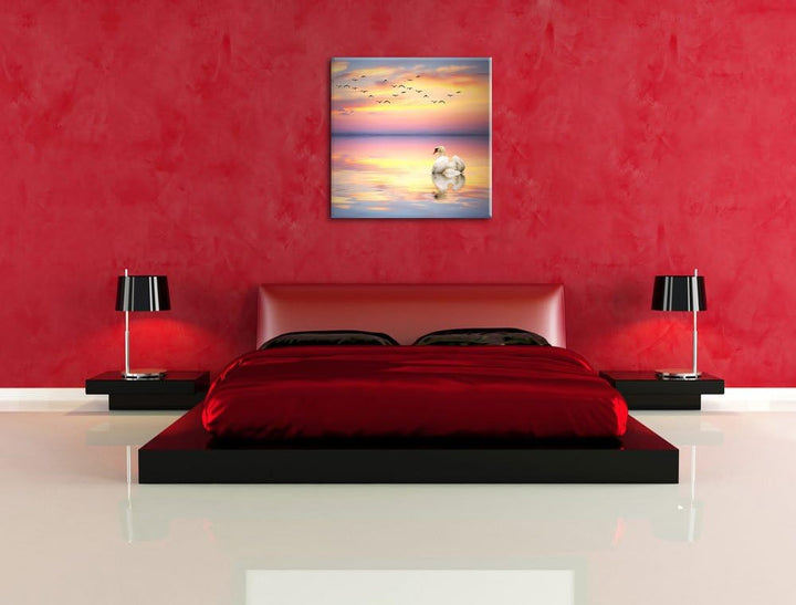 Schwan bei Sonnenuntergang, Format: 70x70 auf Leinwand, XXL riesige Bilder fertig gerahmt mit Keilra