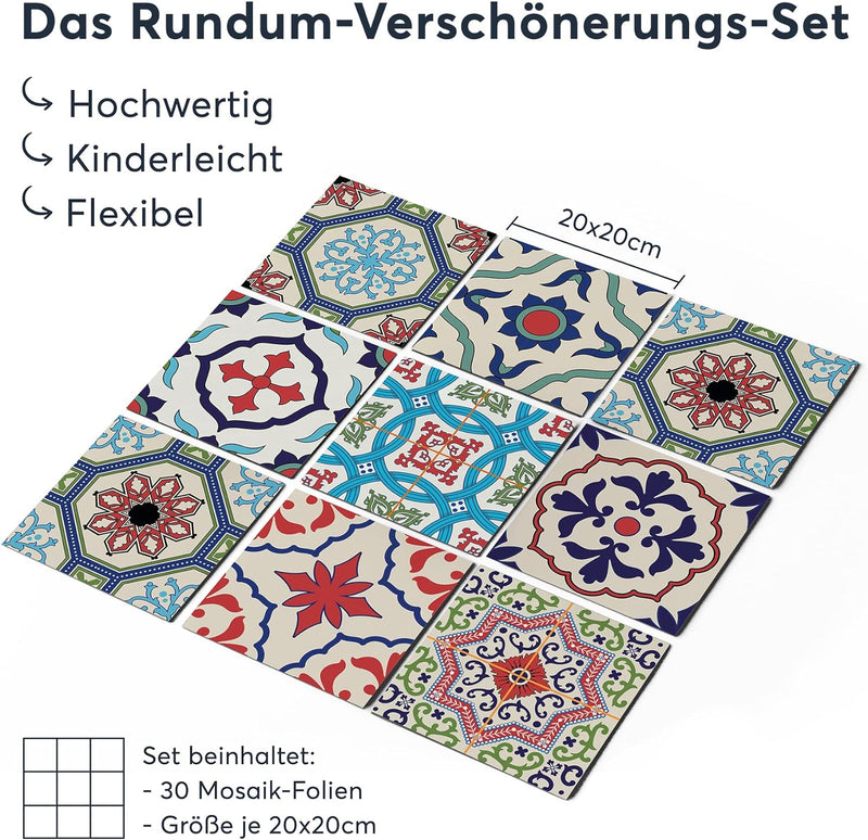 30 Stück Folie Klebefliesen 20x20 cm für Küche und Bad - Fliesenfolie, Fliesenfaufkleber - Klebefoli