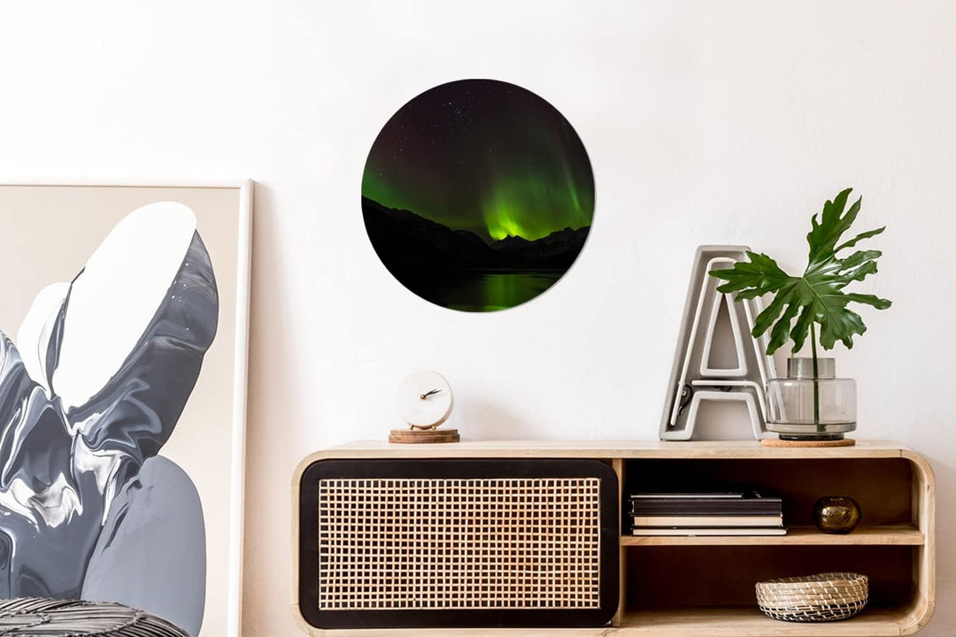 MuchoWow Wandbild Rund Wanddeko Deko Wohnzimmer Bilder 30x30 cm Aurora - Sternenhimmel - Berge, 30x3