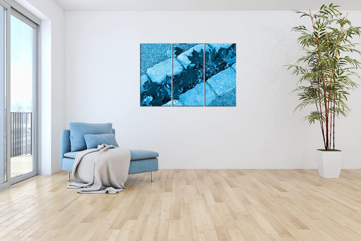 gelbe Ahornblätter auf dem Weg Format 120x80 3Teilig Effekt: Monocrome Blau als Leinwandbild, Motiv