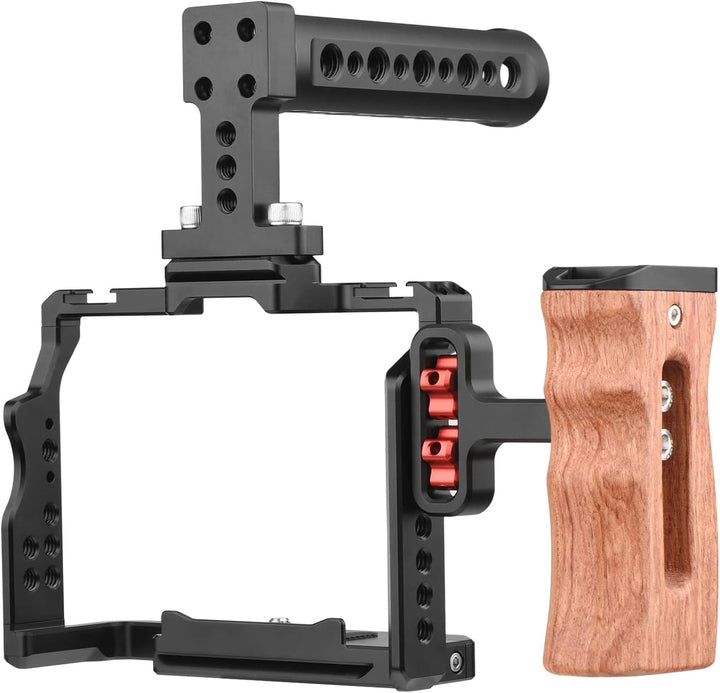 Andoer Andoer Camera Video Cage + Handle + Side Wooden Grip Kit Aluminiumlegierung mit Dual Cold Sho