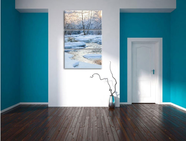 Pixxprint Bach in Winterlandschaft 3-Teiler Leinwandbild 120x80 Bild auf Leinwand