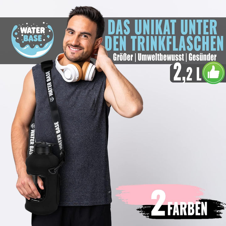 Water Base Trinkflasche Sport 2,2 l Fitness Wasserflasche aus BPA-freiem Tritan mit Seitentasche Mus