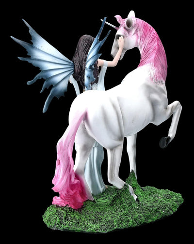 Elfen Figur - Mystique mit Einhorn mit rosa Mähne | Fee Fantasy Dekofigur