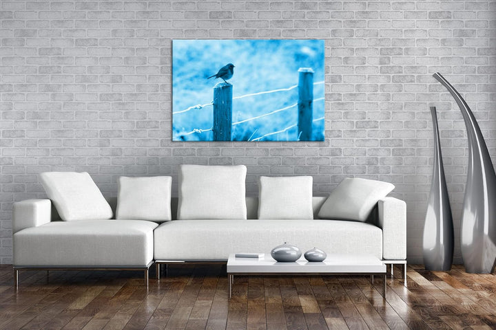 deyoli niedlicher kleiner Vogel auf einem Weidenzaun Format 80x60 Effekt: Monocrome Blau als Leinwan