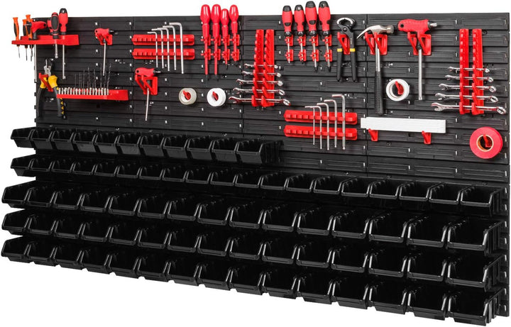 PAFEN Lagersystem - 1544 x 780 mm - Wandregal 75x Schwarz Stapelboxen und 38 stück Rot Werkzeughalte