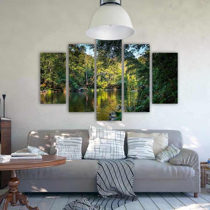 Feeby Bild auf Leinwand Landschaft 5 Teilig Modern Wald Bäume Wasser grün 150x100 cm Leinwandbild 15