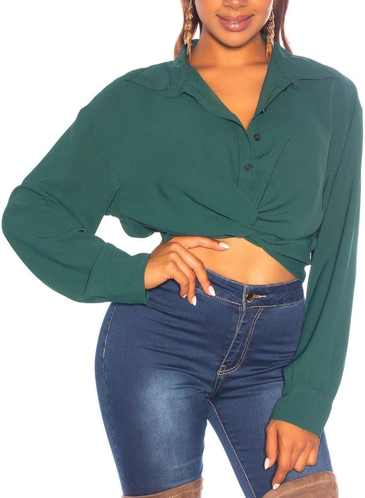 Hot Crop Blusen Shirt mit Knoten-Effekt S-M Grün, S-M Grün